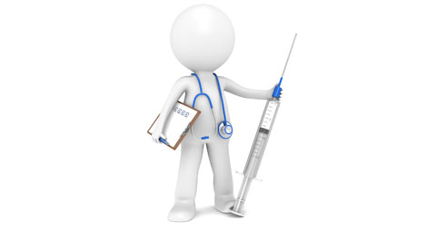 Cartoon man holding a clipboard and an injection